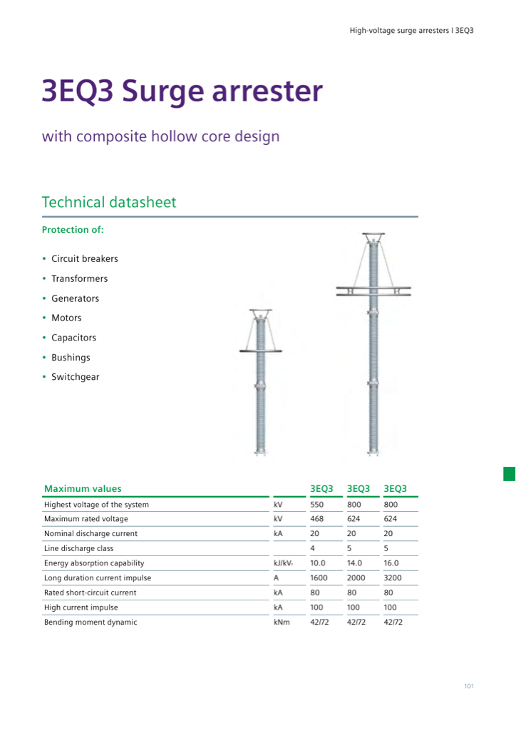 Technical datasheet page with maximum values: Us 550/800 kV, In 20 kA, LD class 4/5, Isc 80 kA, catalog p. 101