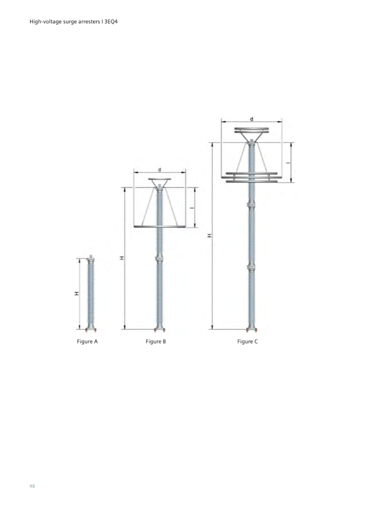 Outline drawings, Figures A–C — single- and multi-unit arresters, grading rings on the taller configurations (product guide p. 98)