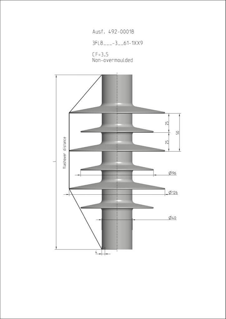 Housing dimension drawing, CF 3.5 profile (drawing 492-00018): shed pair Ø126/96 mm, Ø40 mm over rod, 4 mm shed edge