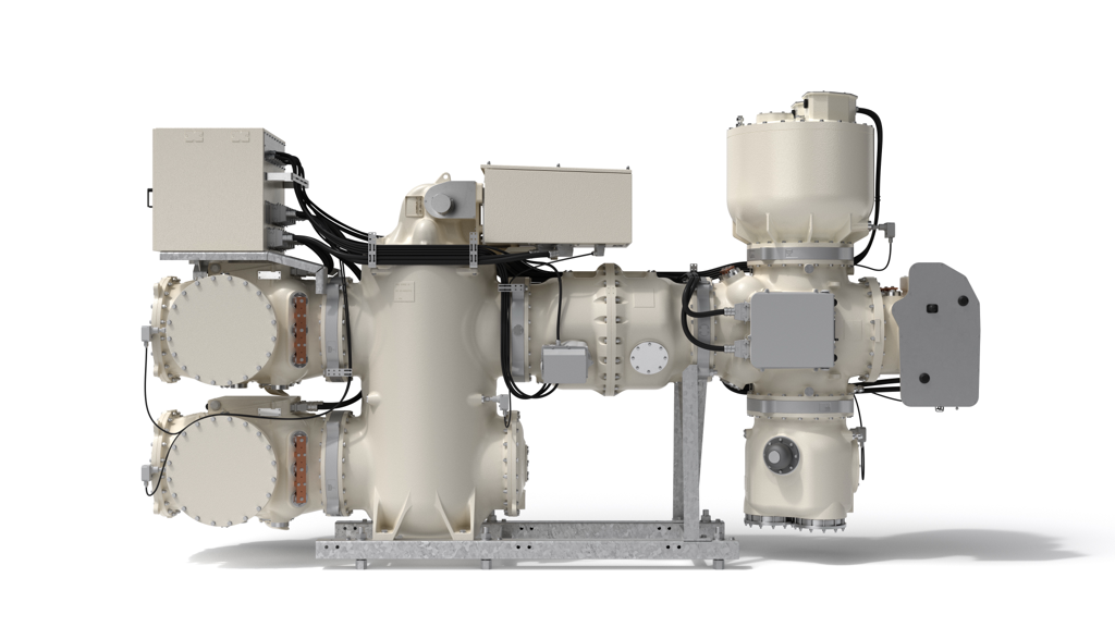 8DN8 bay, front elevation — stacked double-busbar modules at left, central circuit-breaker with stored-energy spring drive