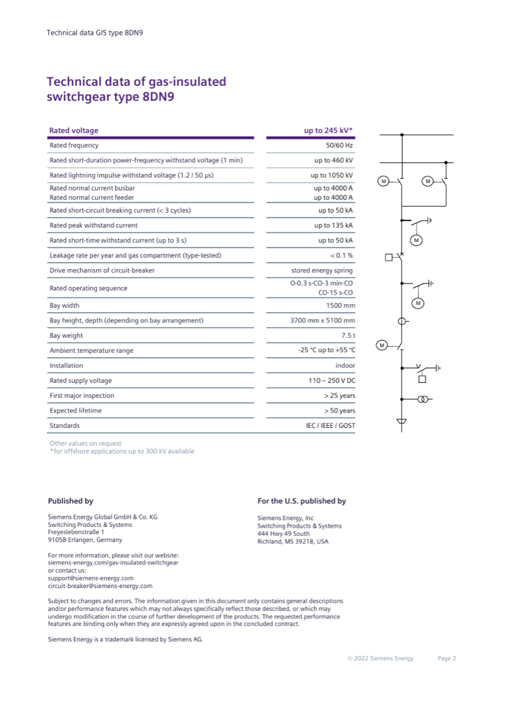 Technical data table with single-line bay diagram, 8DN9 datasheet 2022, page 2