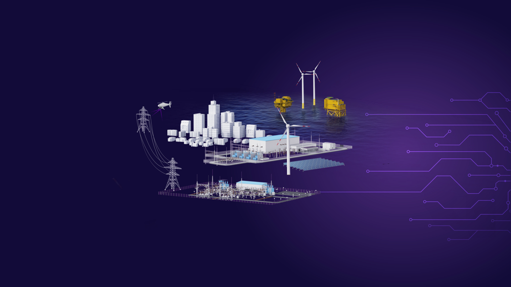 Energy advisory key visual — offshore wind, onshore substations and urban grid across the value chain