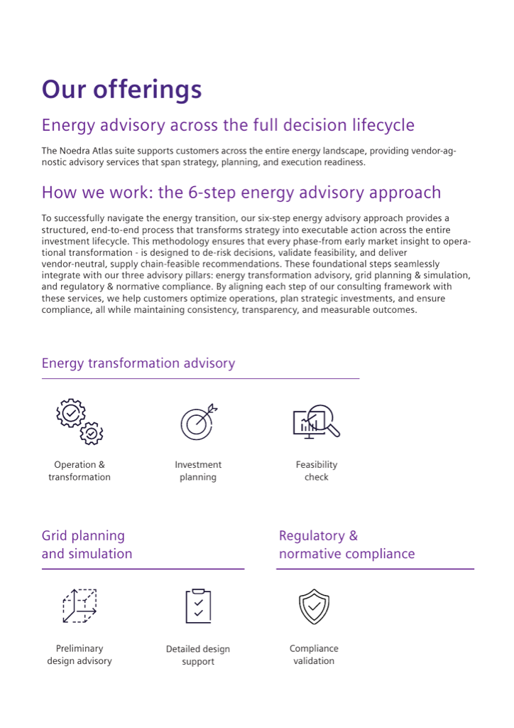 Offering overview, brochure page 4 — three advisory pillars and the 6-step energy advisory approach