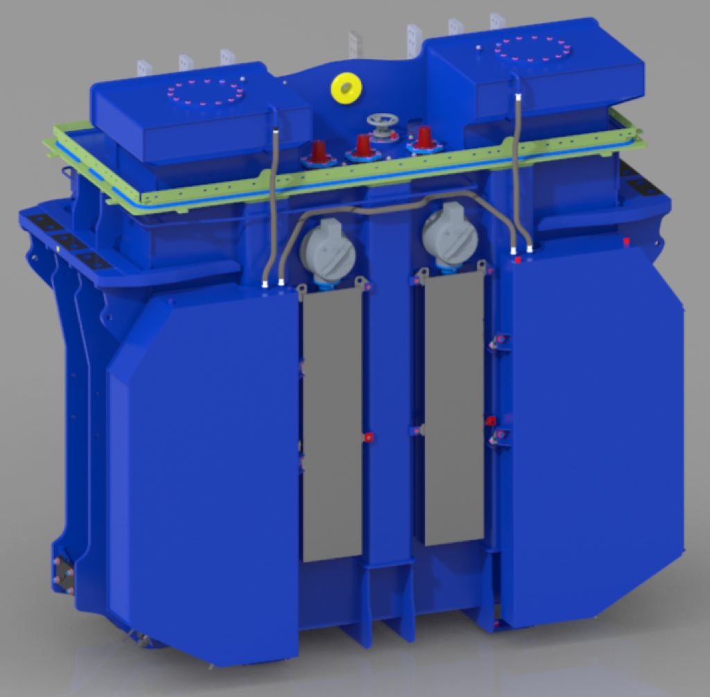 Tank rendering, 16.7 MVA / 66 kV fluid-immersed wind-park variant with off-circuit tap changer and flat-wall tank