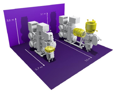 GIS bay size comparison with integrated LPIT sensors versus conventional instrument transformers, with bay envelope dimensions of 3.0 m / 3.1 m height and 3.7 m / 5.5 m depth (flyer, page 1)