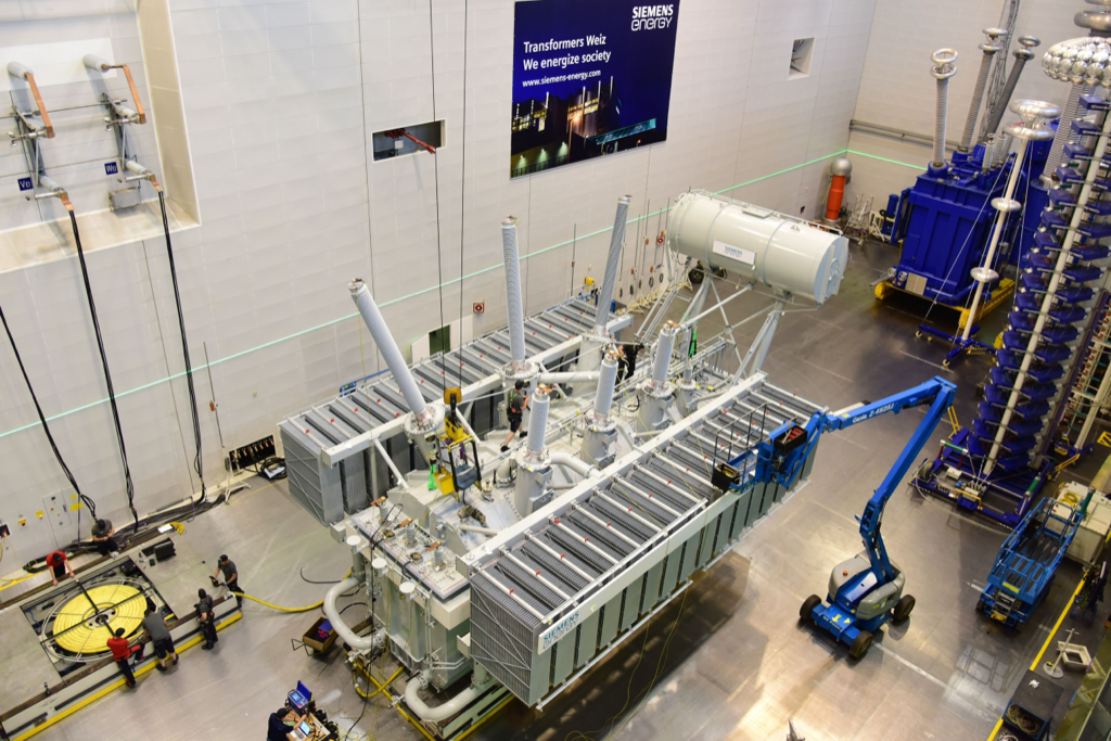 Power transformer in the high-voltage test bay, Transformers Weiz factory (Austria)