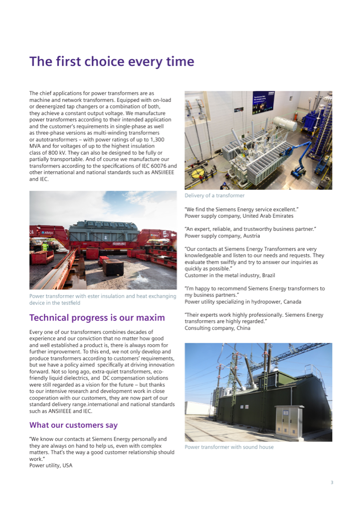 Transformer delivery, ester-insulated unit with heat-exchanging device in the test field, and sound-house installation (family brochure, p. 3)
